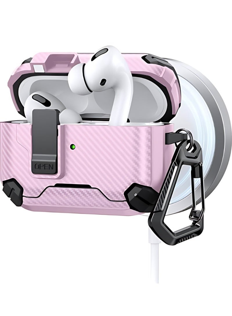 غطاء واقي لحافظة شحن AirPods 4 (يشمل مجموعة تنظيف وحلقة مفاتيح) درع واقي من الصلب مع تصميم قفل مزود برباط - إصدار وردي - view 2